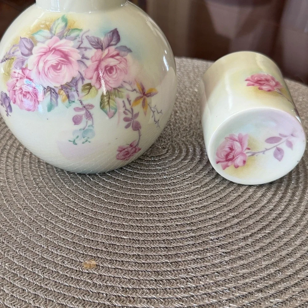 Vintage Floral Ceramic Vase or water pitcher with cup to cover the top